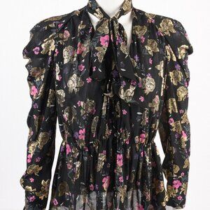 Zara Blouse Shirt XS Tied V-Neck Black Floral